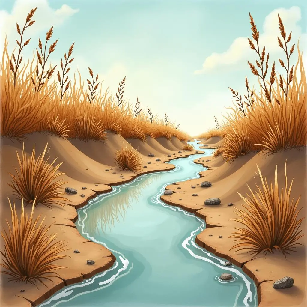 小河被晒得干涸的部分
