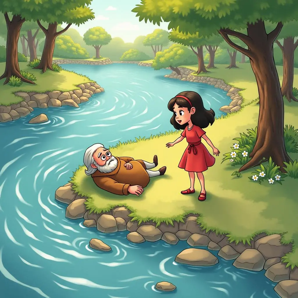 莉莉用翅膀飞过河流去帮助一位摔倒的老人