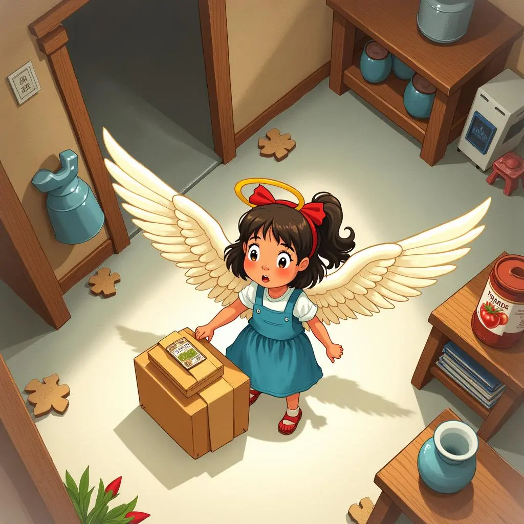 莉莉带着食物飞到贫困家庭的屋顶降落