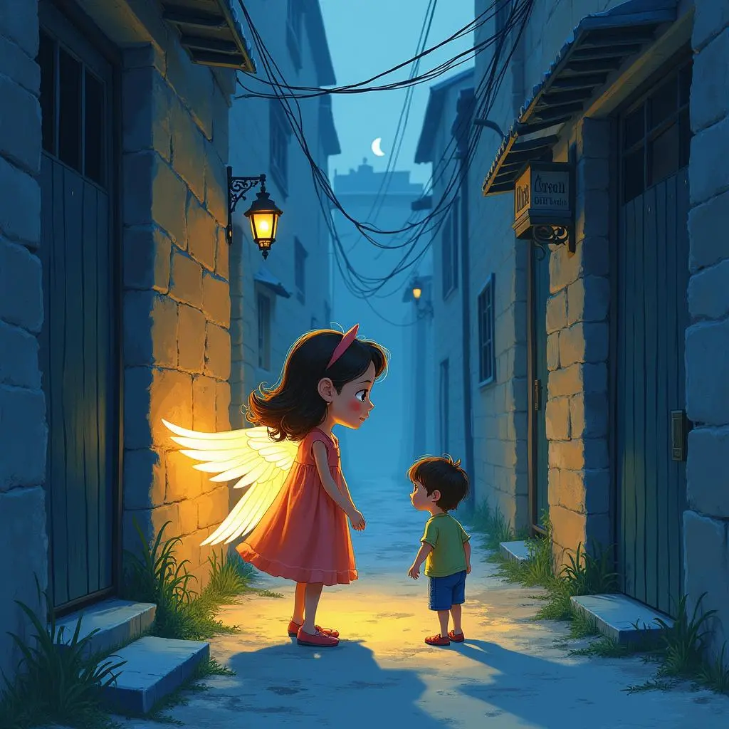 莉莉在夜晚用翅膀照亮迷路的小孩回家的路