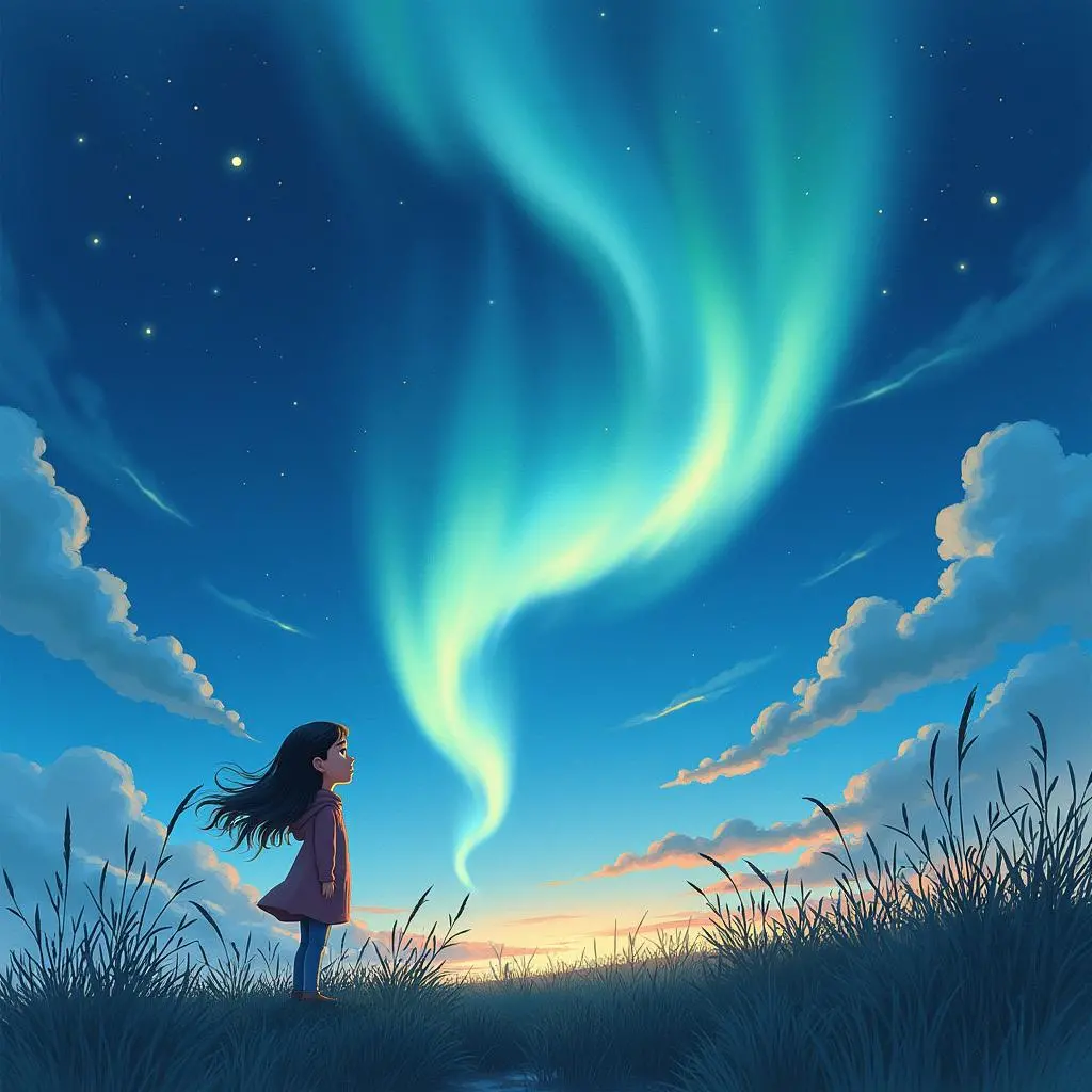 女孩望向北极光