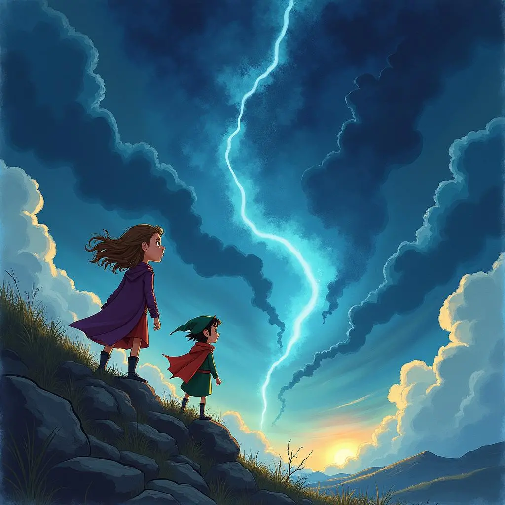 女孩和精灵面对黑暗力量