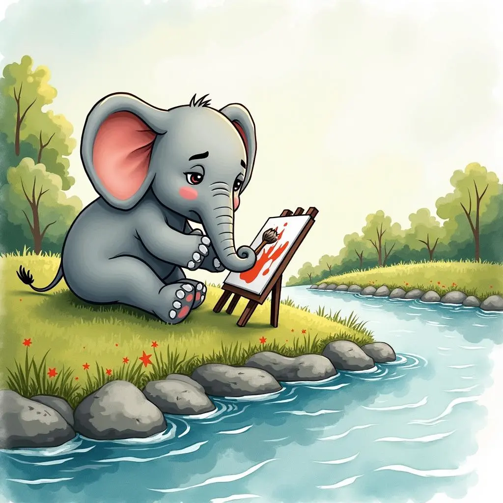 小象在河边画画