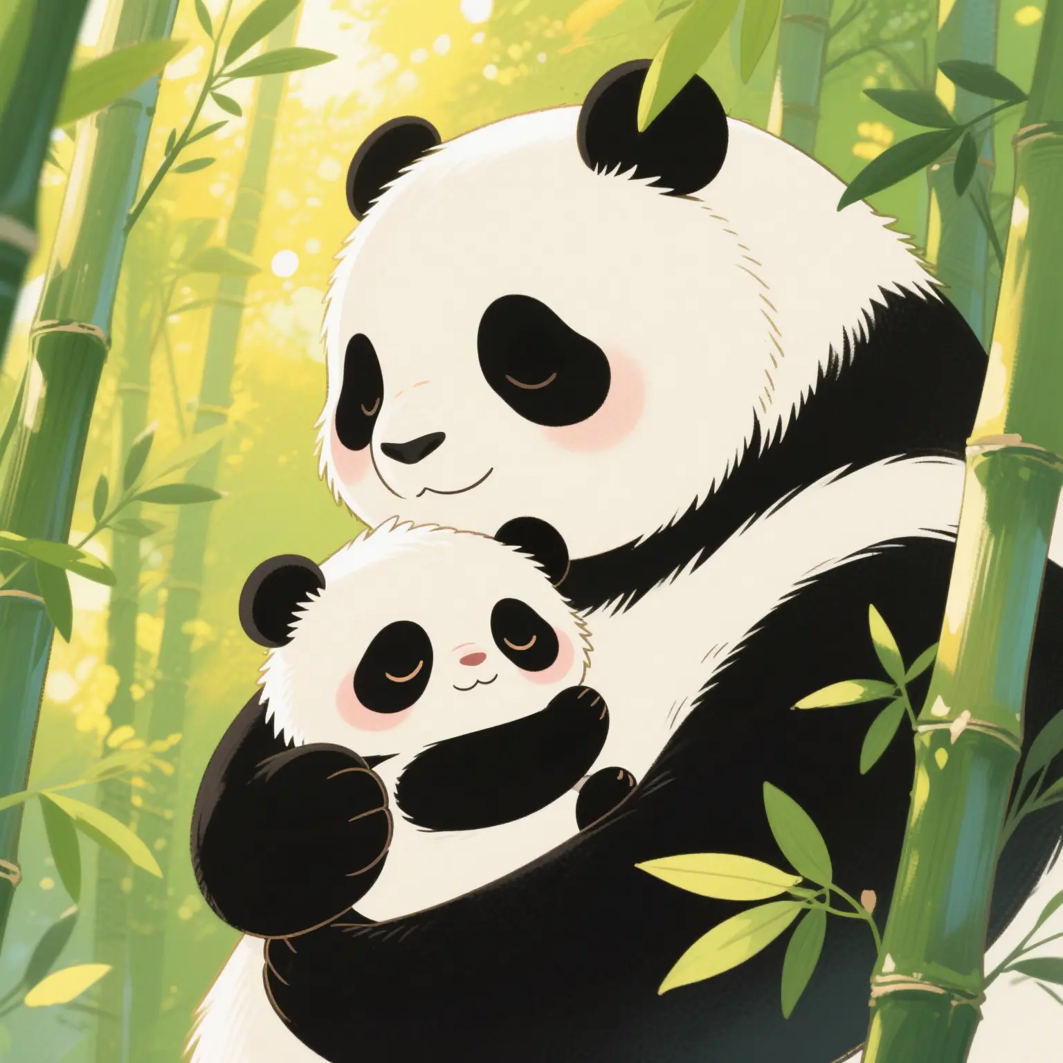 一只被妈妈抱着的困倦小熊猫