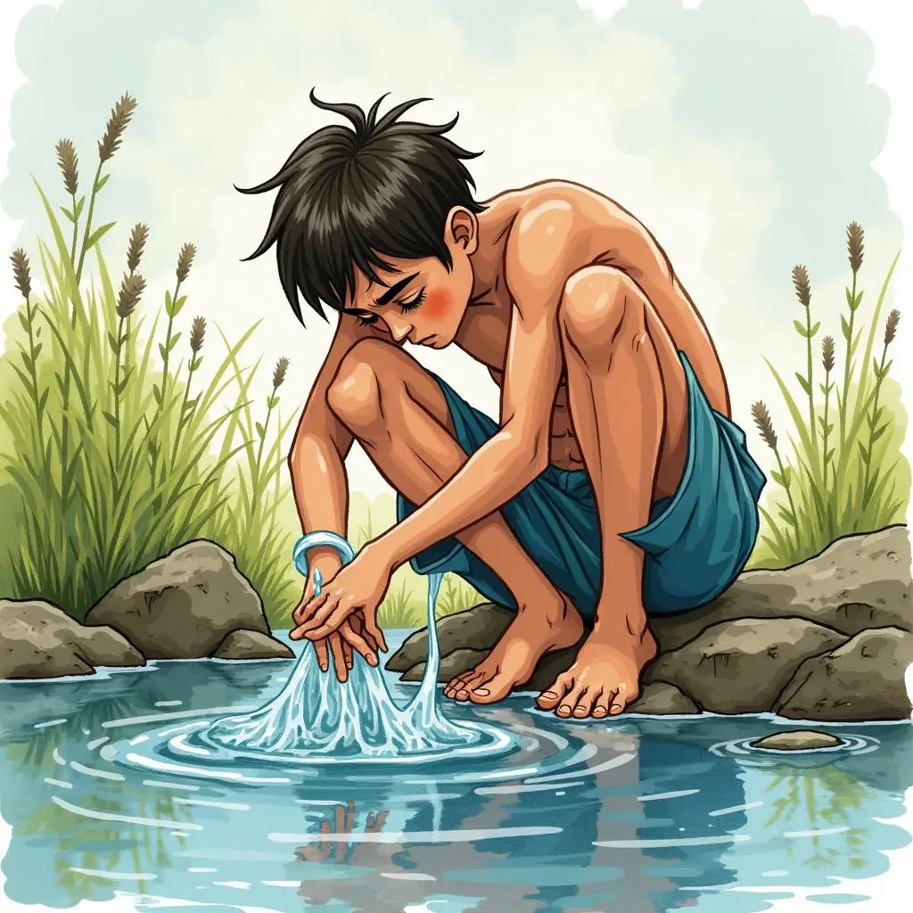 年轻人坐在河边垂头丧气