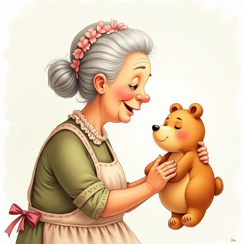 老奶奶拿着小熊面包