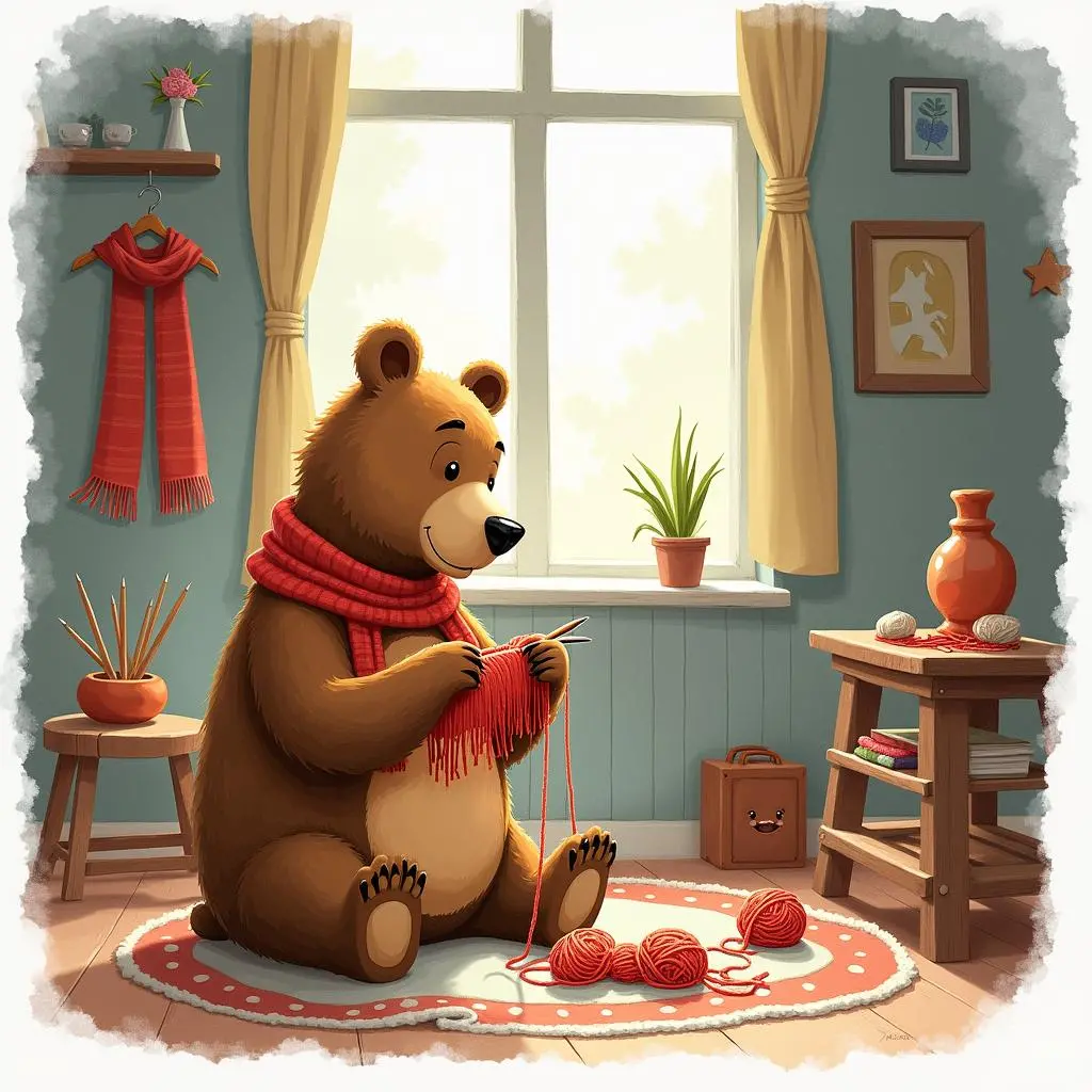 小熊在店内织围巾