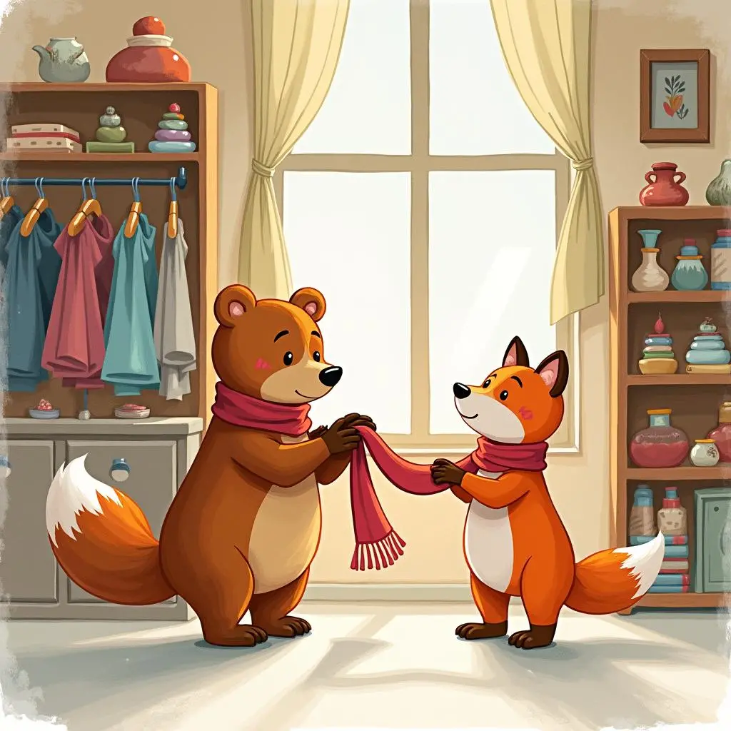 小熊给小狐狸围围巾