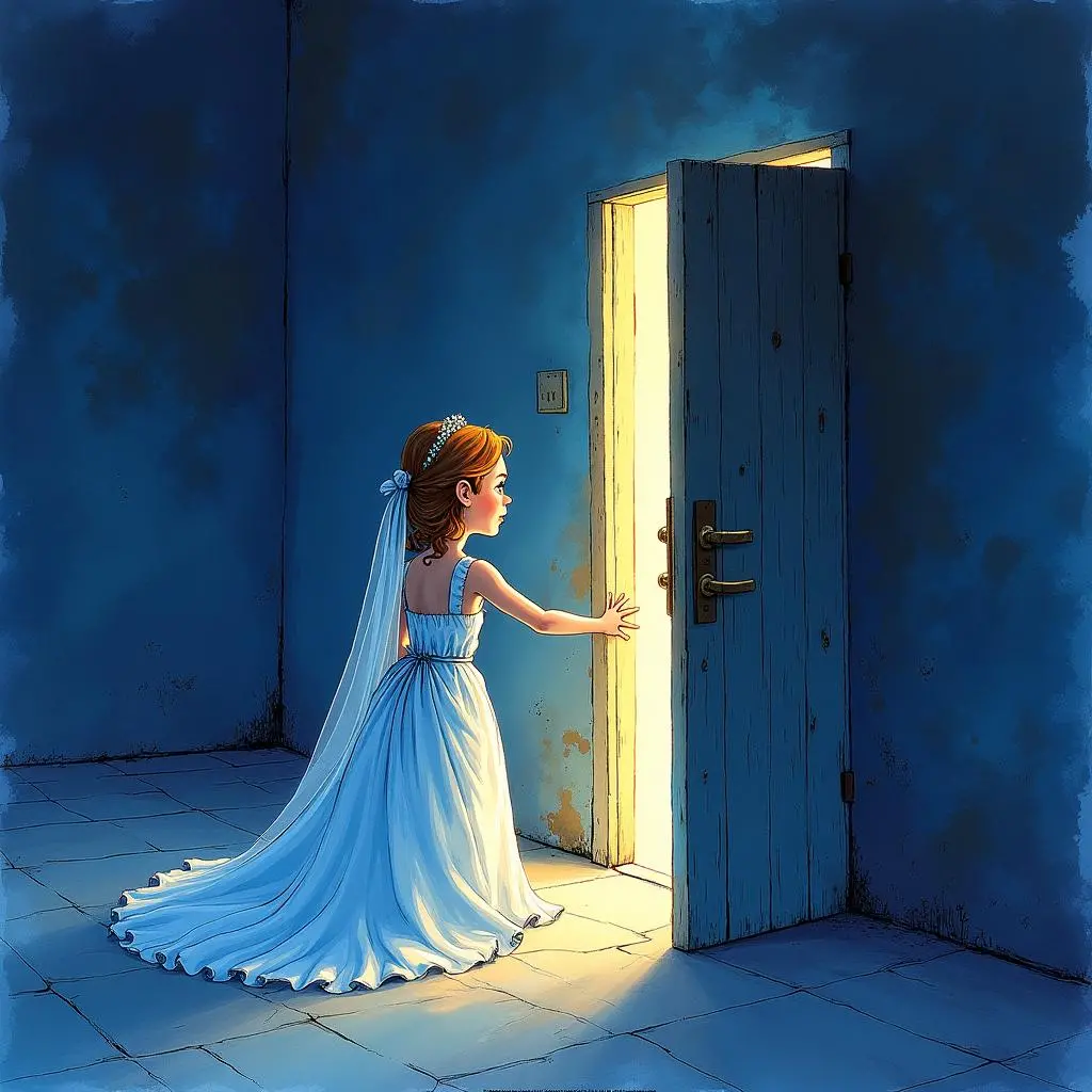 新娘站在小房间前