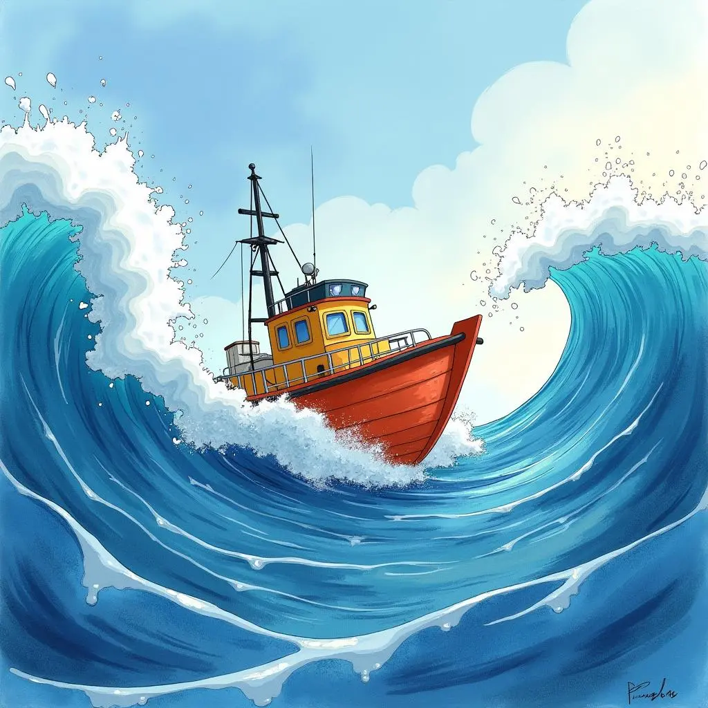 小渔船在巨浪中前行