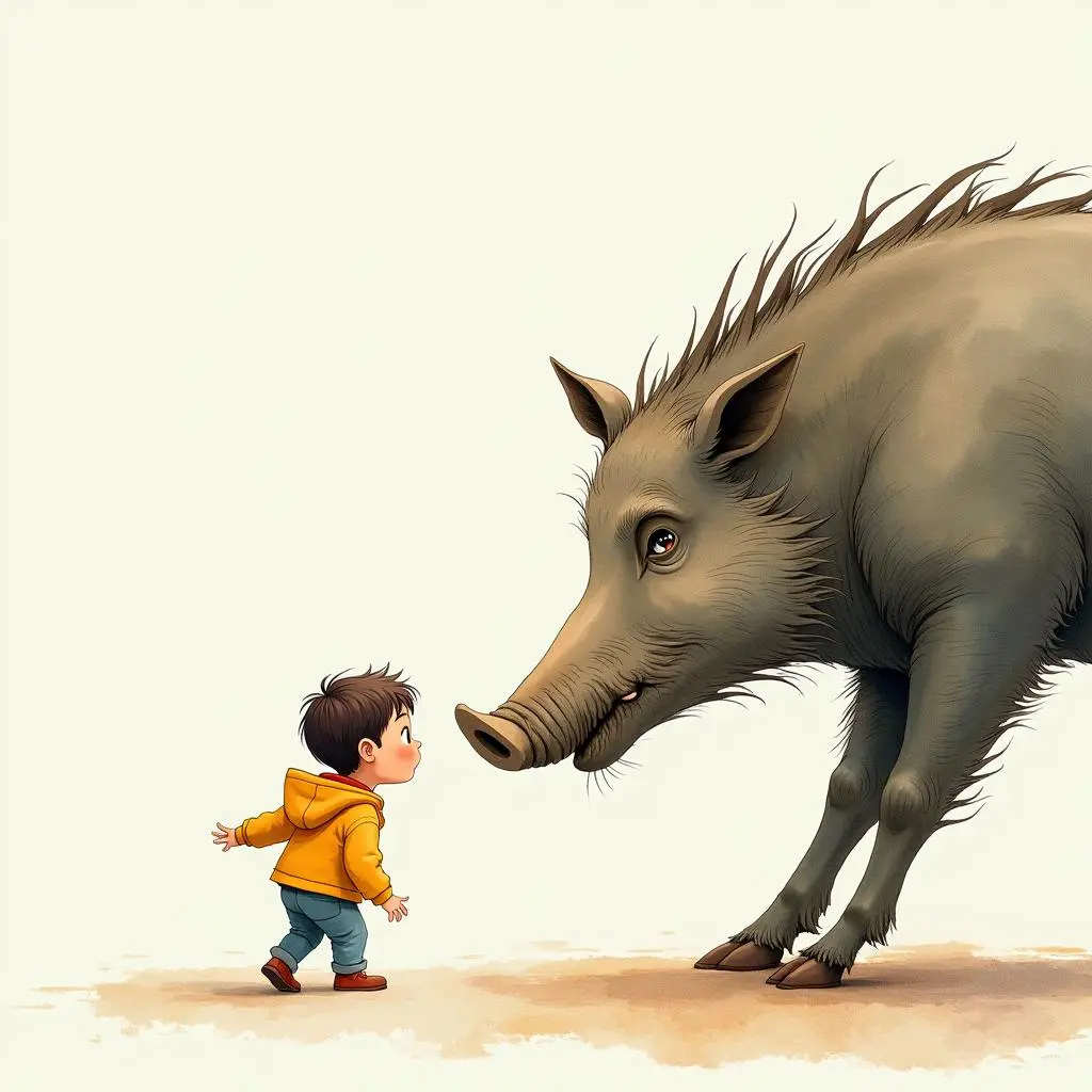 小汉斯靠近野猪雕像