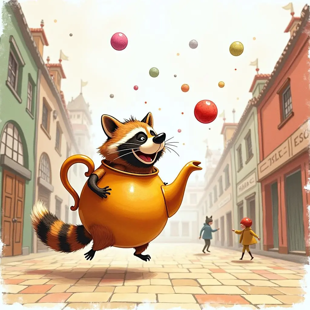 狸猫茶釜在寺庙的院子里开始表演杂技,和尚在一旁微笑观看。