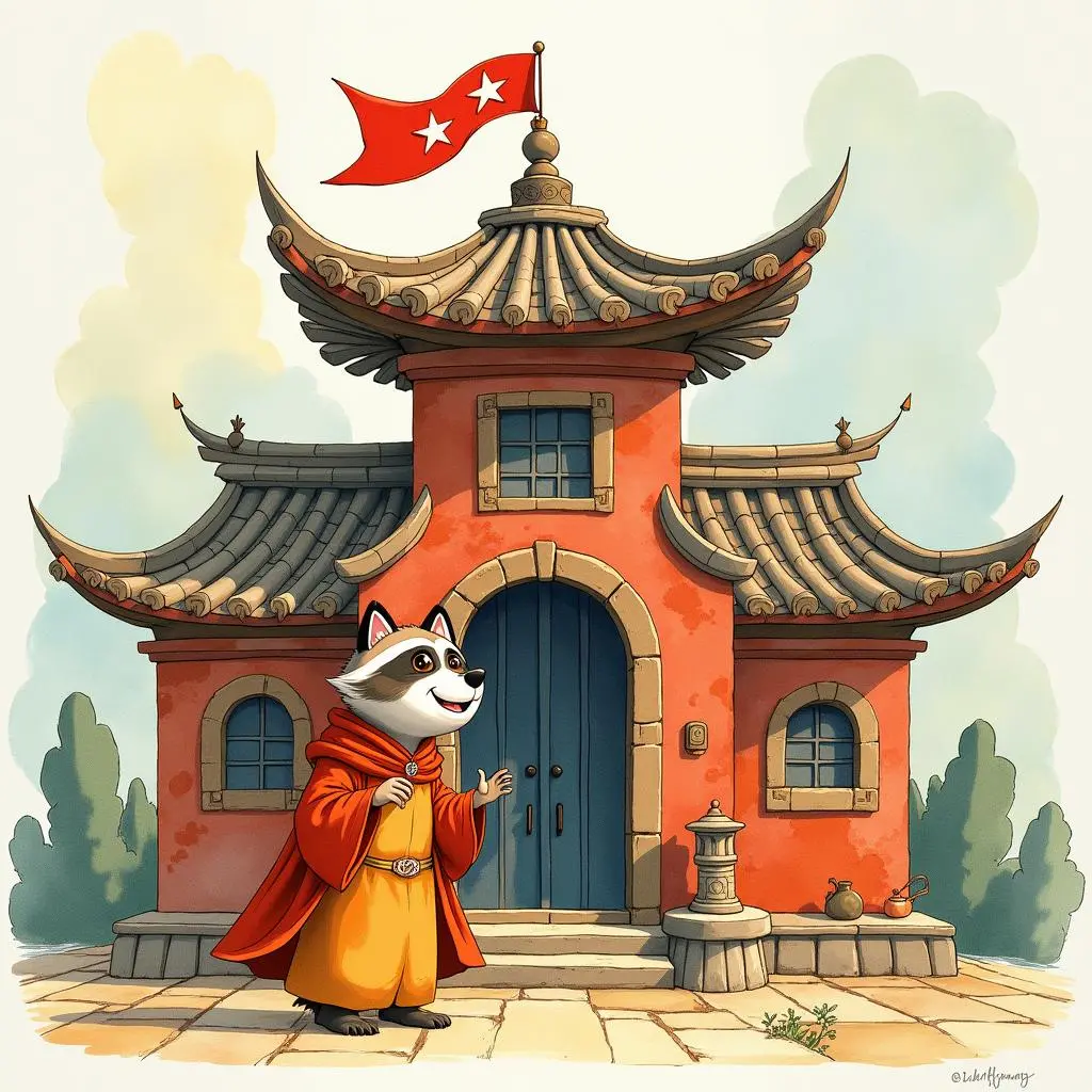 寺庙的屋顶修缮好了,和尚和狸猫茶釜站在修缮后的寺庙前开心地笑着。