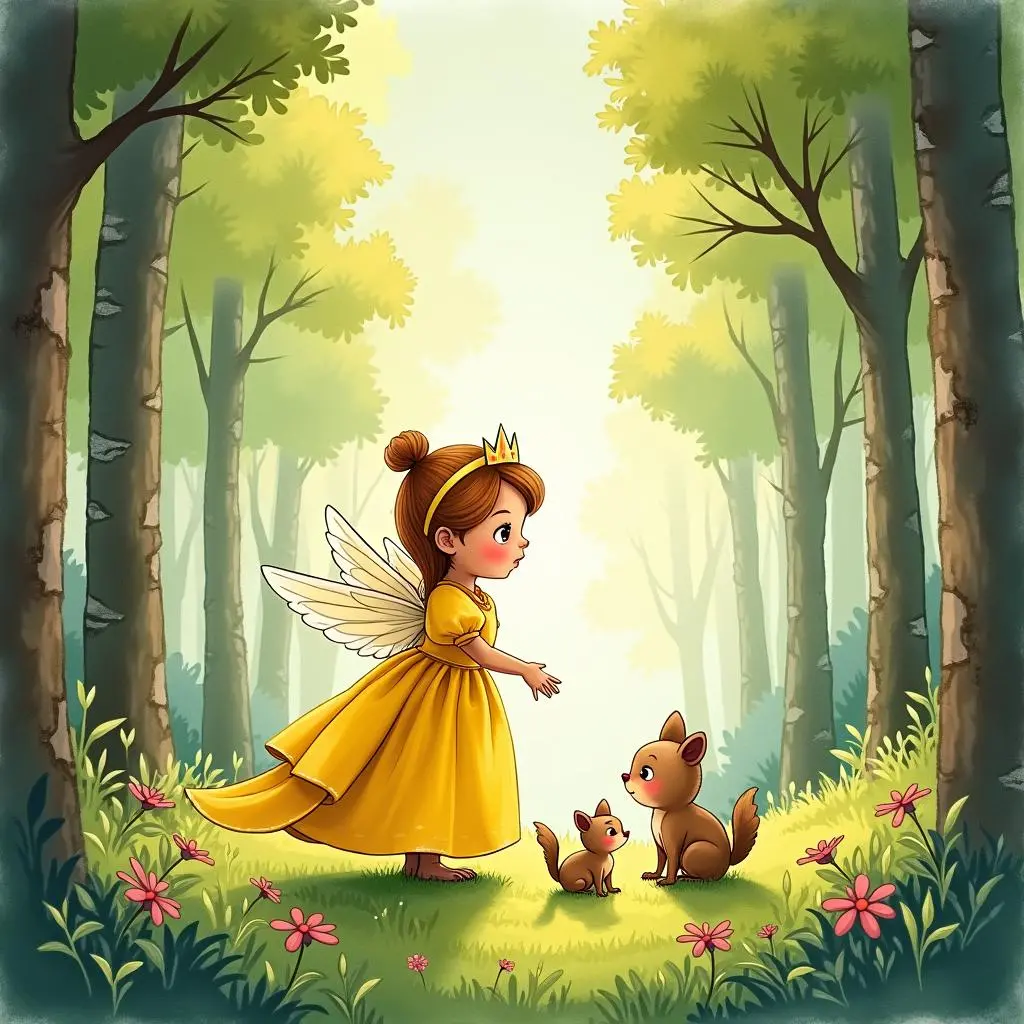 金丝雀公主在森林中与小动物们交谈
