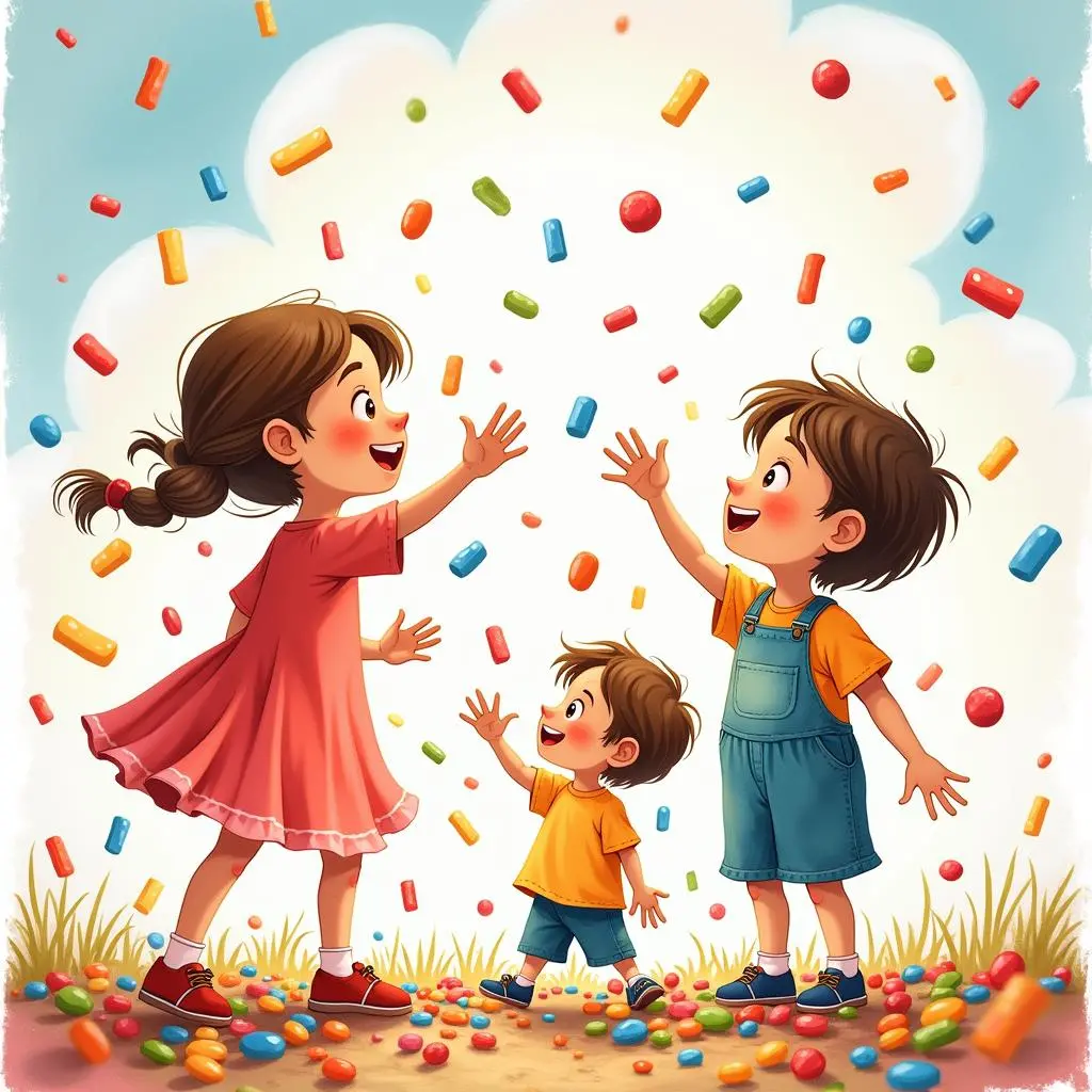 孩子们在糖果雨中欢笑