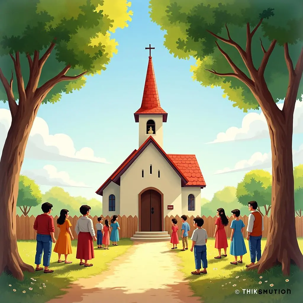 村民们聚集在教堂周围