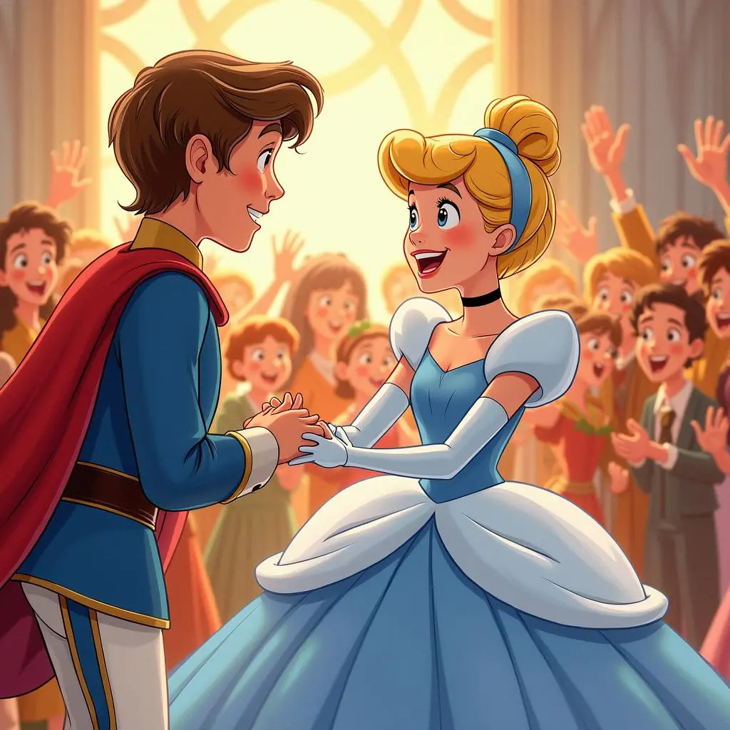 灰姑娘穿上水晶鞋与王子相拥