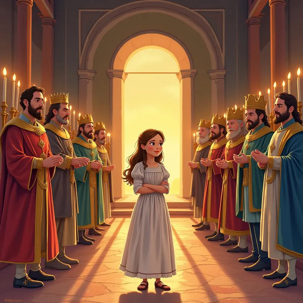 农夫女儿站在国王和大臣面前解答谜题