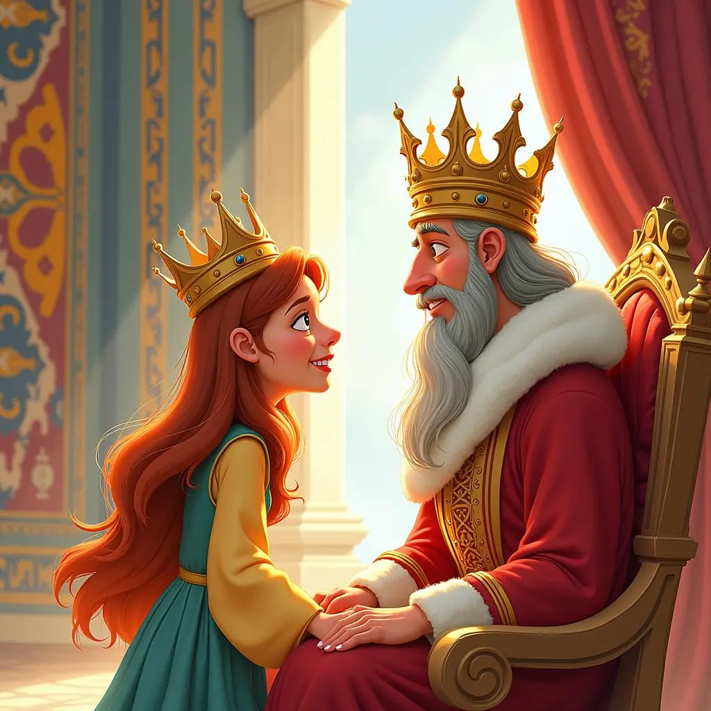 农夫女儿头戴王冠与国王站在一起