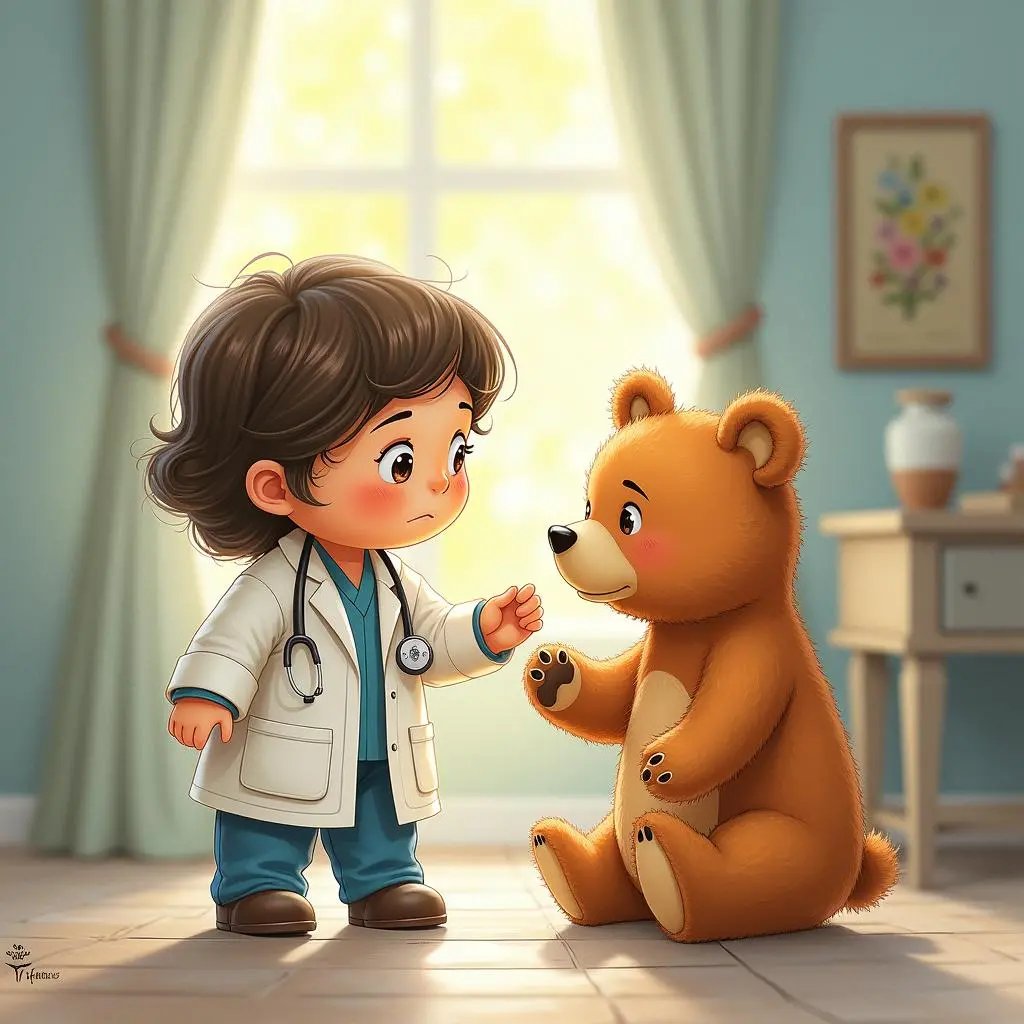 布娃娃医生拿起小熊查看伤口
