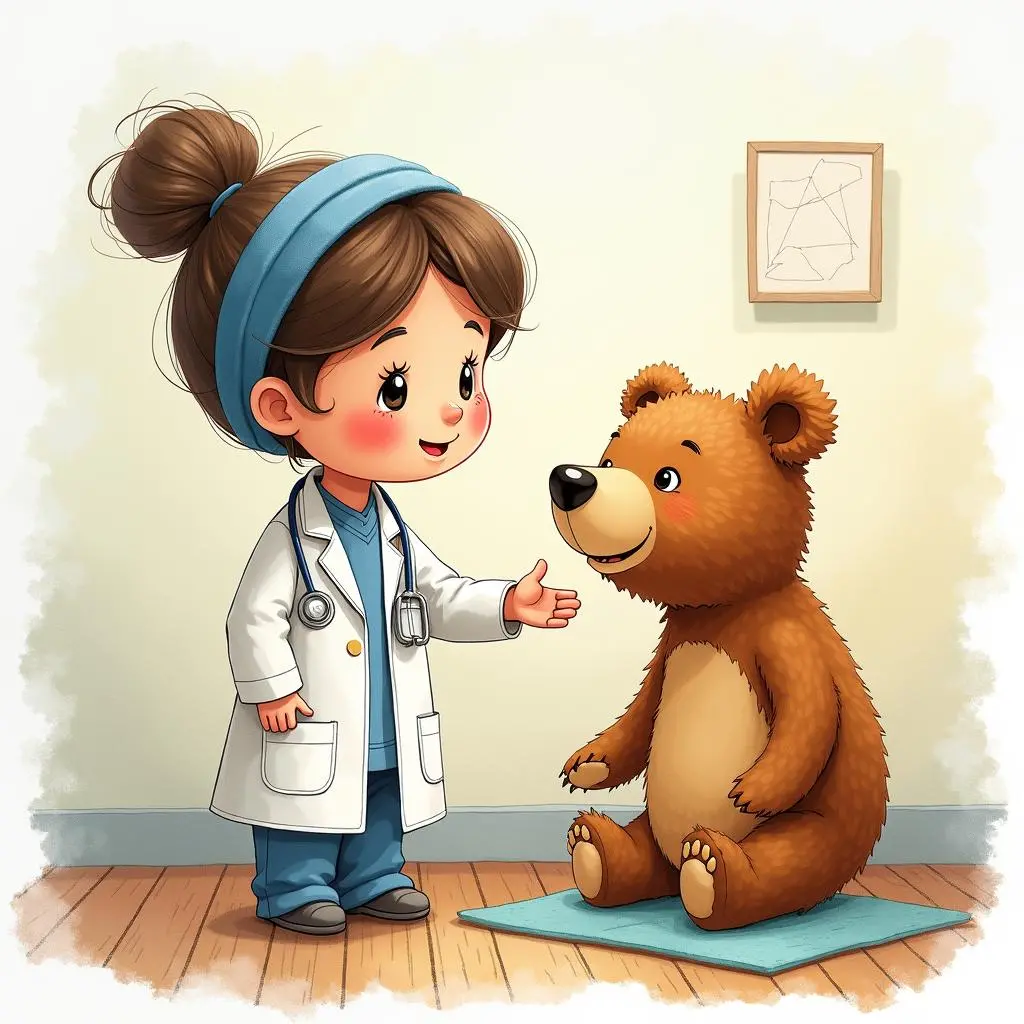 布娃娃医生给小熊缝好胳膊后,小熊开心地笑了