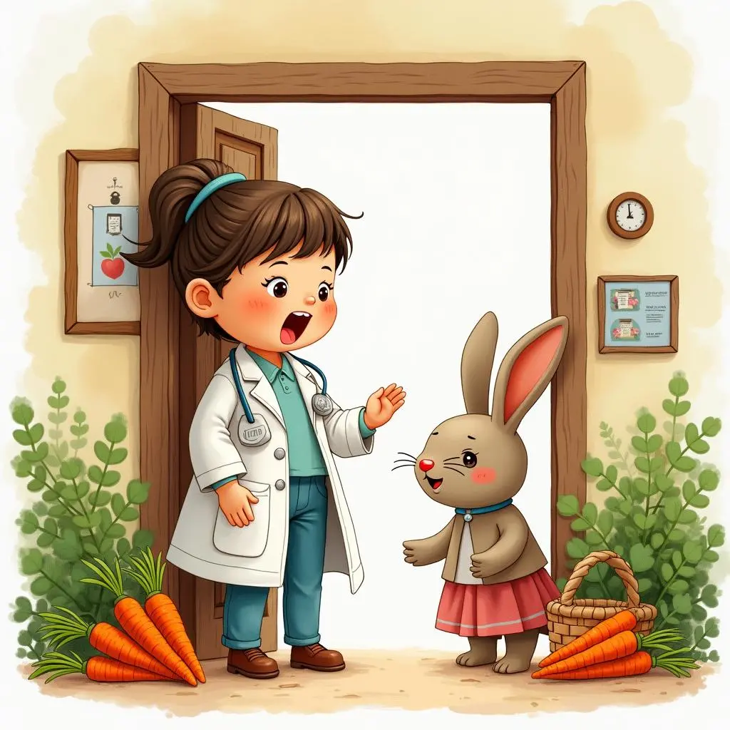 布娃娃医生接过小兔子的胡萝卜