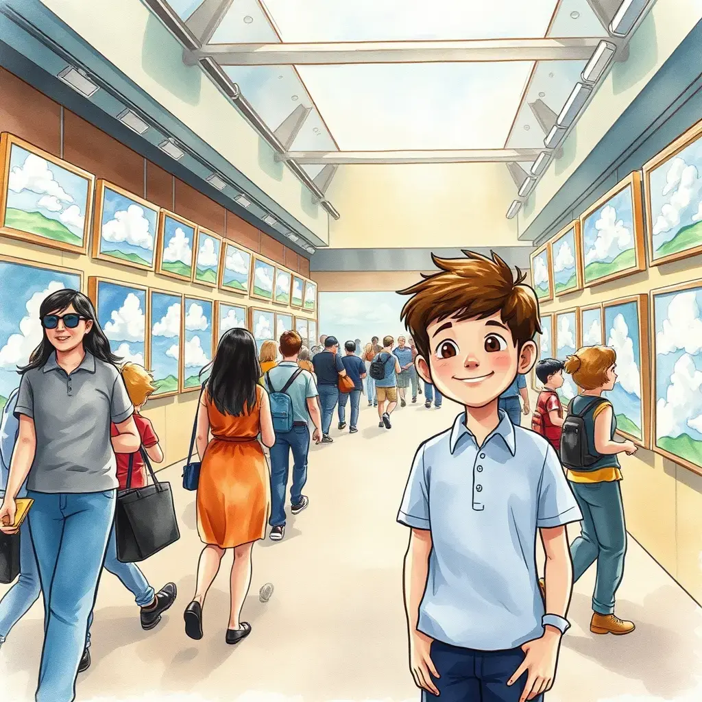 小悠站在画展前