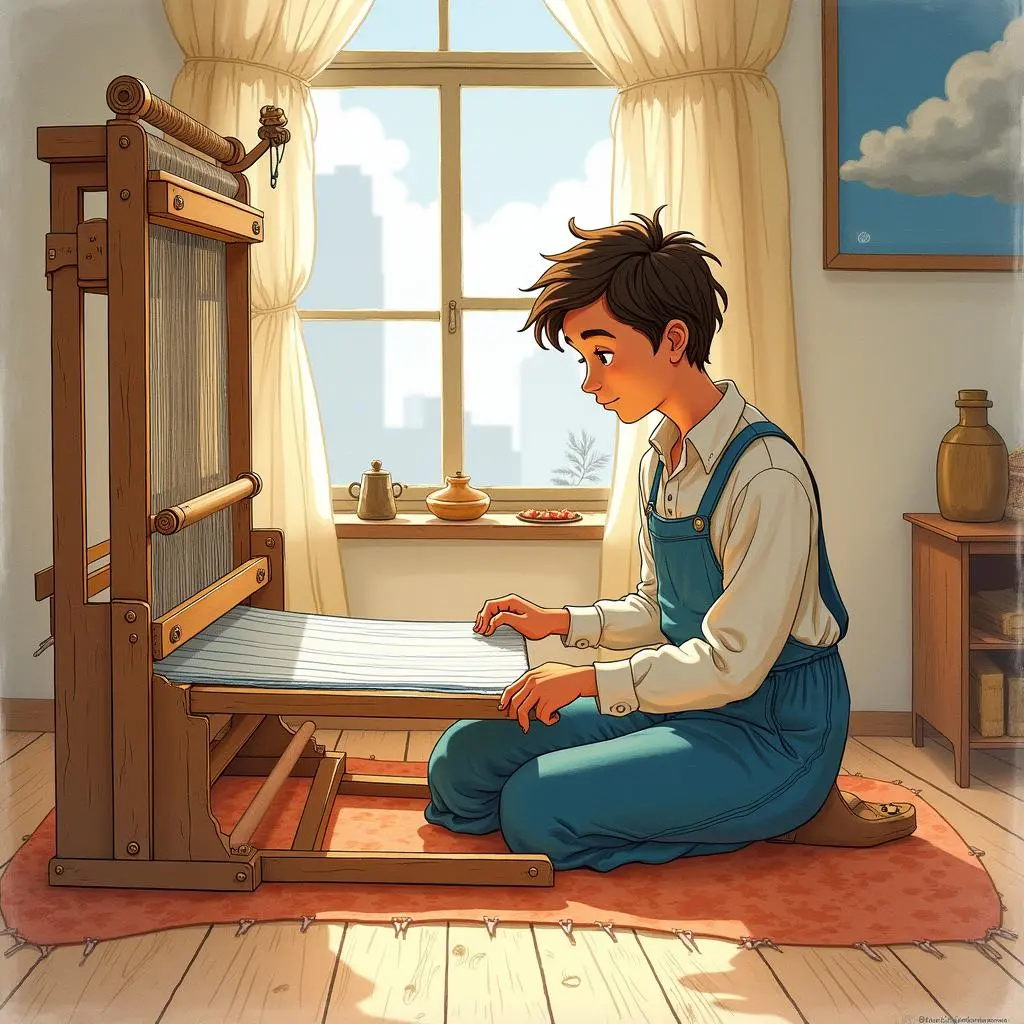 皮埃尔坐在织布机前