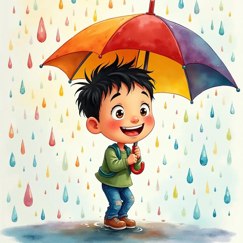 汤姆在彩色雨中欢笑