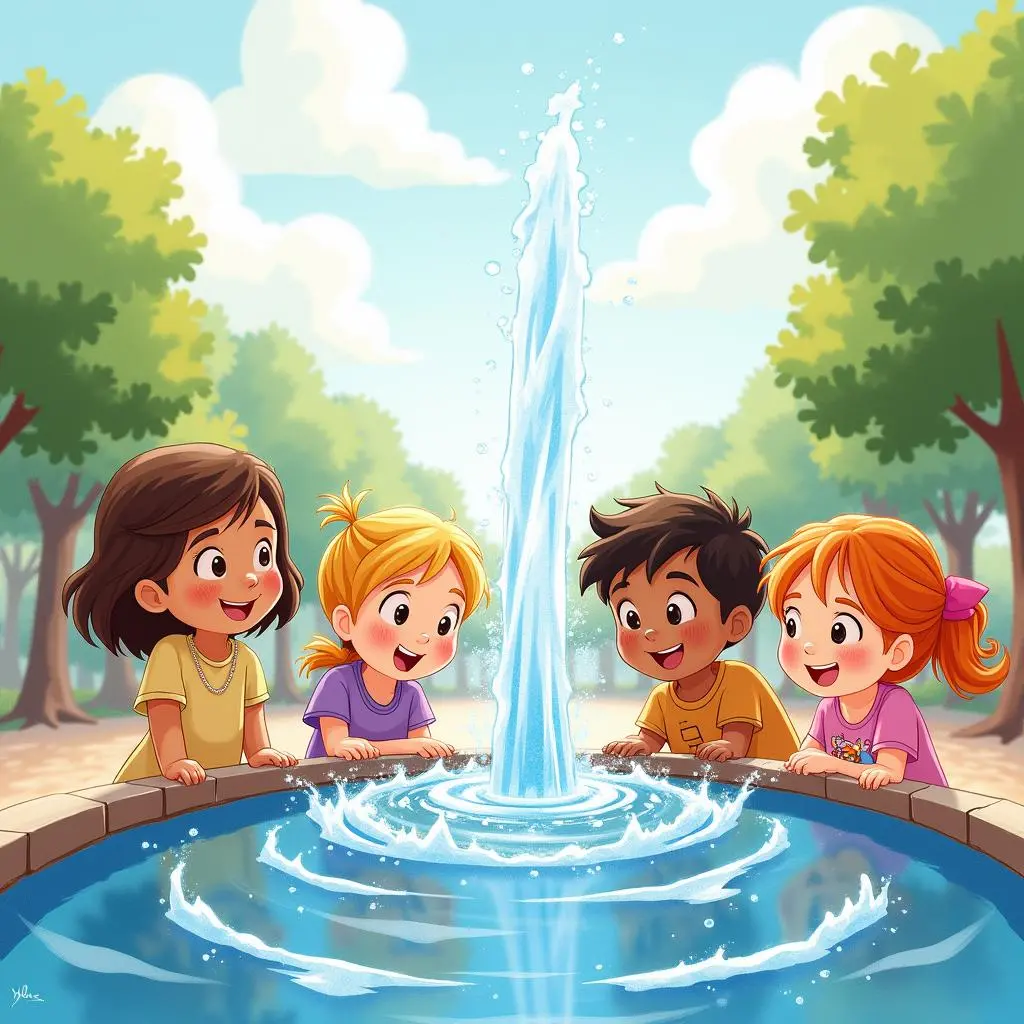 孩子们围着喷泉欢笑