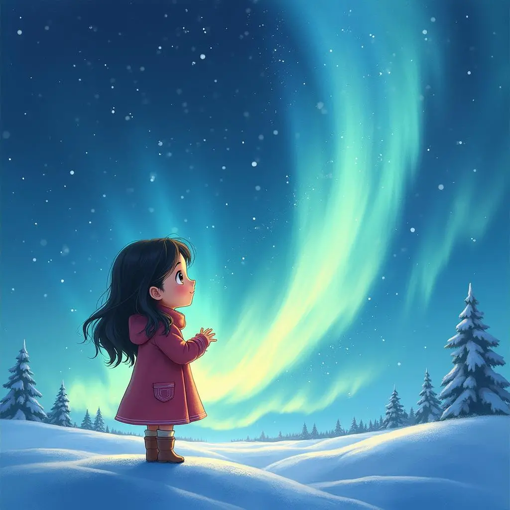 小女孩与北极光对视