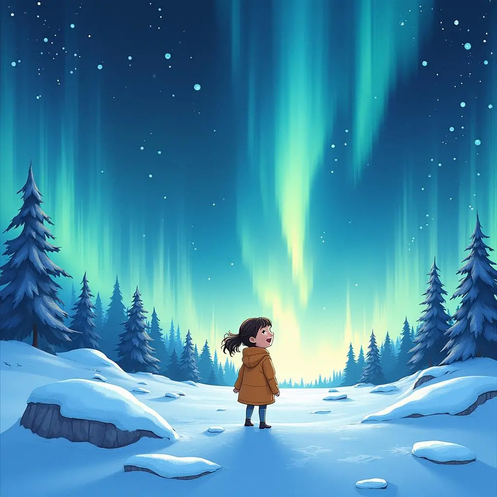 小女孩与精灵在冰原上嬉戏