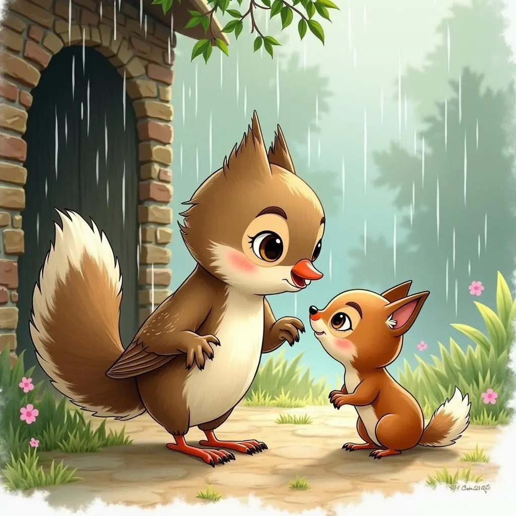 小麻雀给小松鼠遮雨