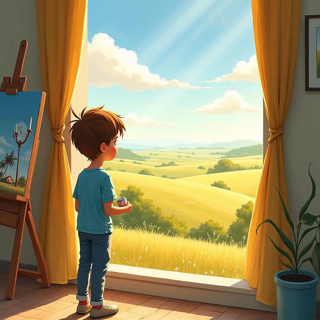 卢卡坐在窗前看着远方的田野