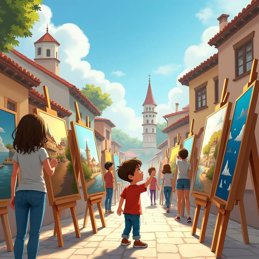 卢卡的画作在小镇展览上展出