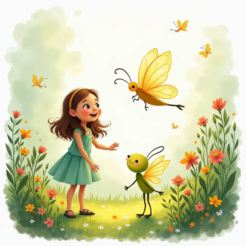 小女孩和小精灵在花园