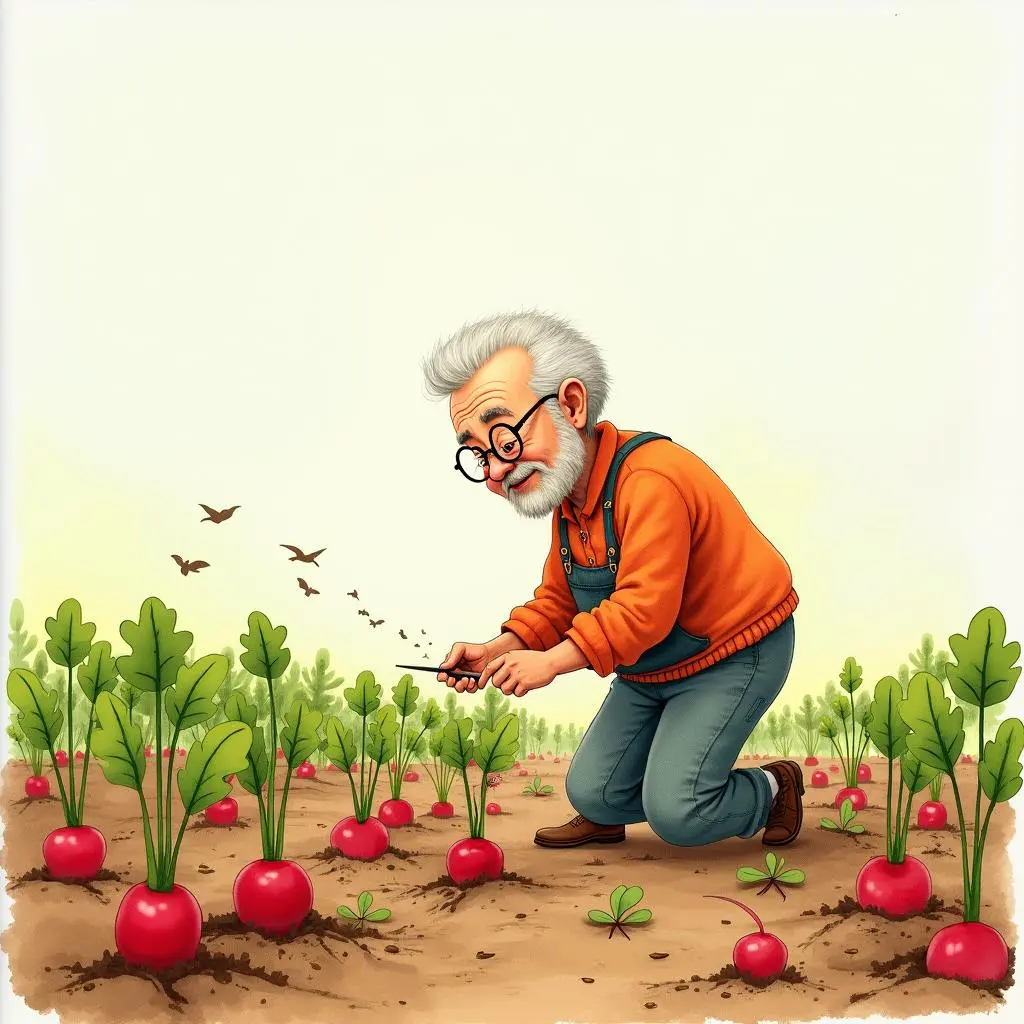 老爷爷看着萝卜苗