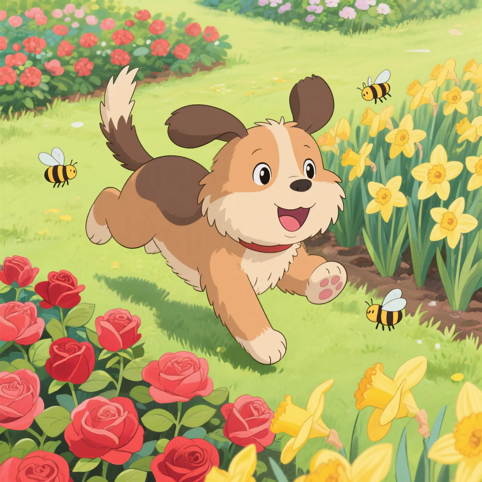 一只在花园里奔跑的快乐小狗