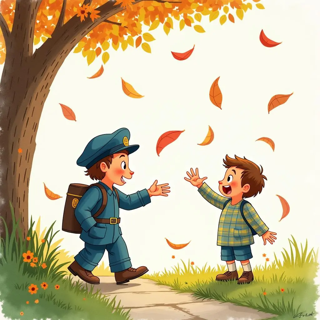 小邮差把邮票递给小男孩