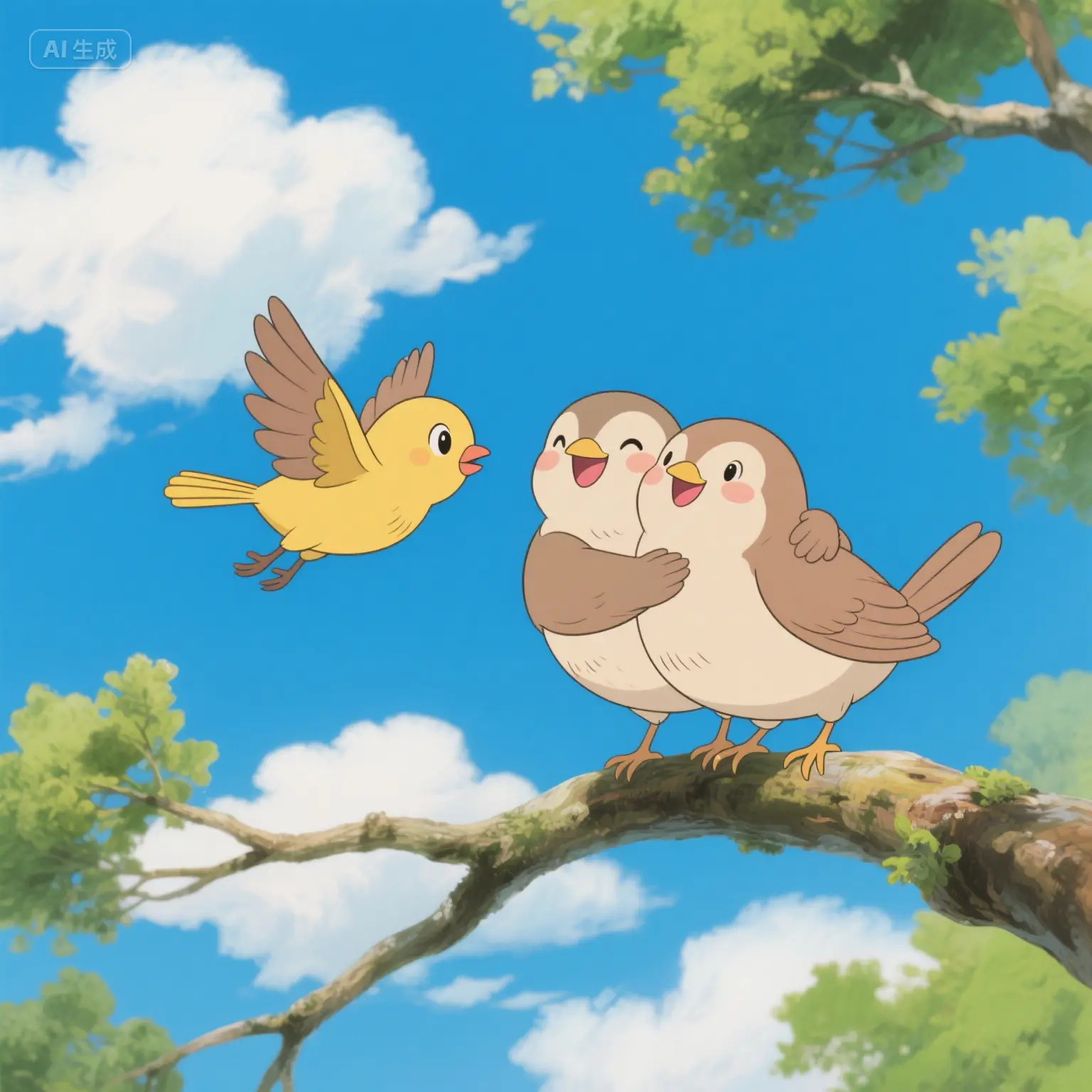 一只在妈妈鼓励下成功飞翔的小鸟