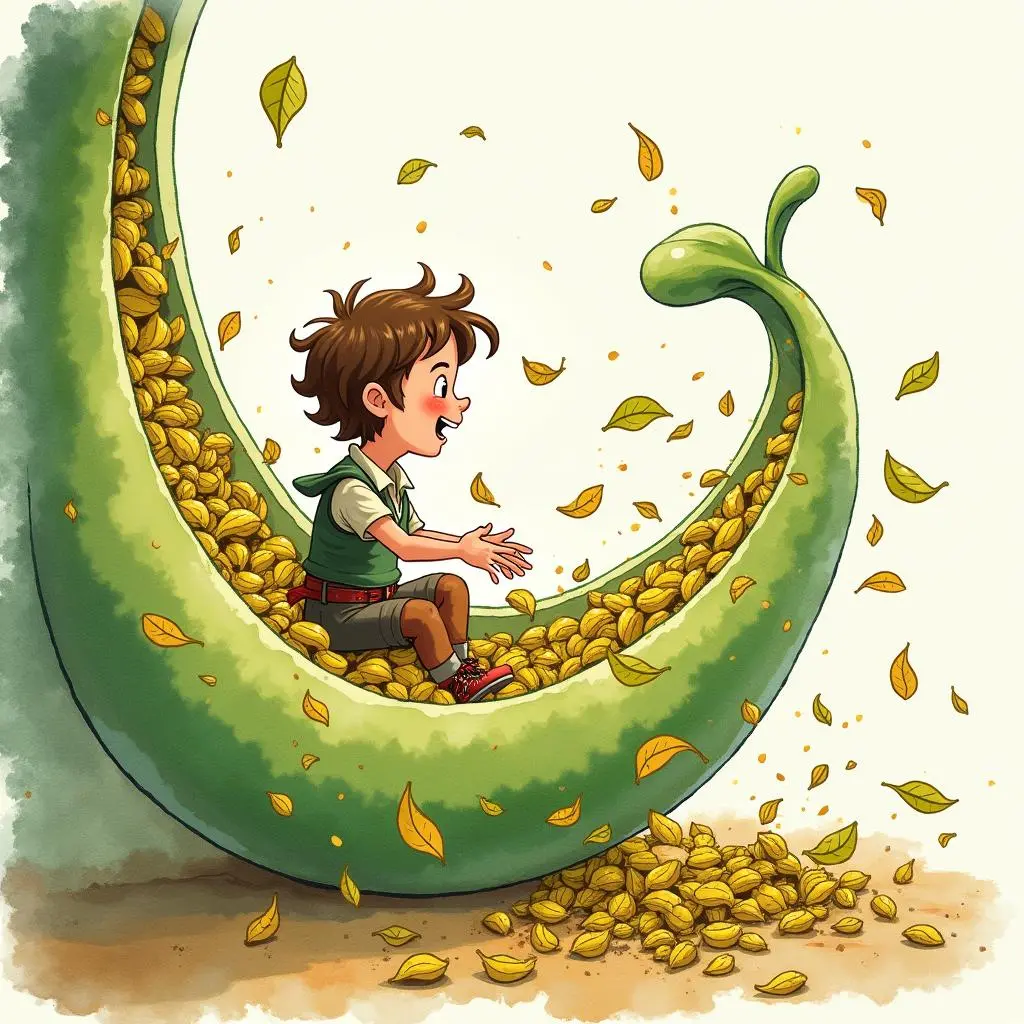 杰克带着财宝顺着豆茎下滑