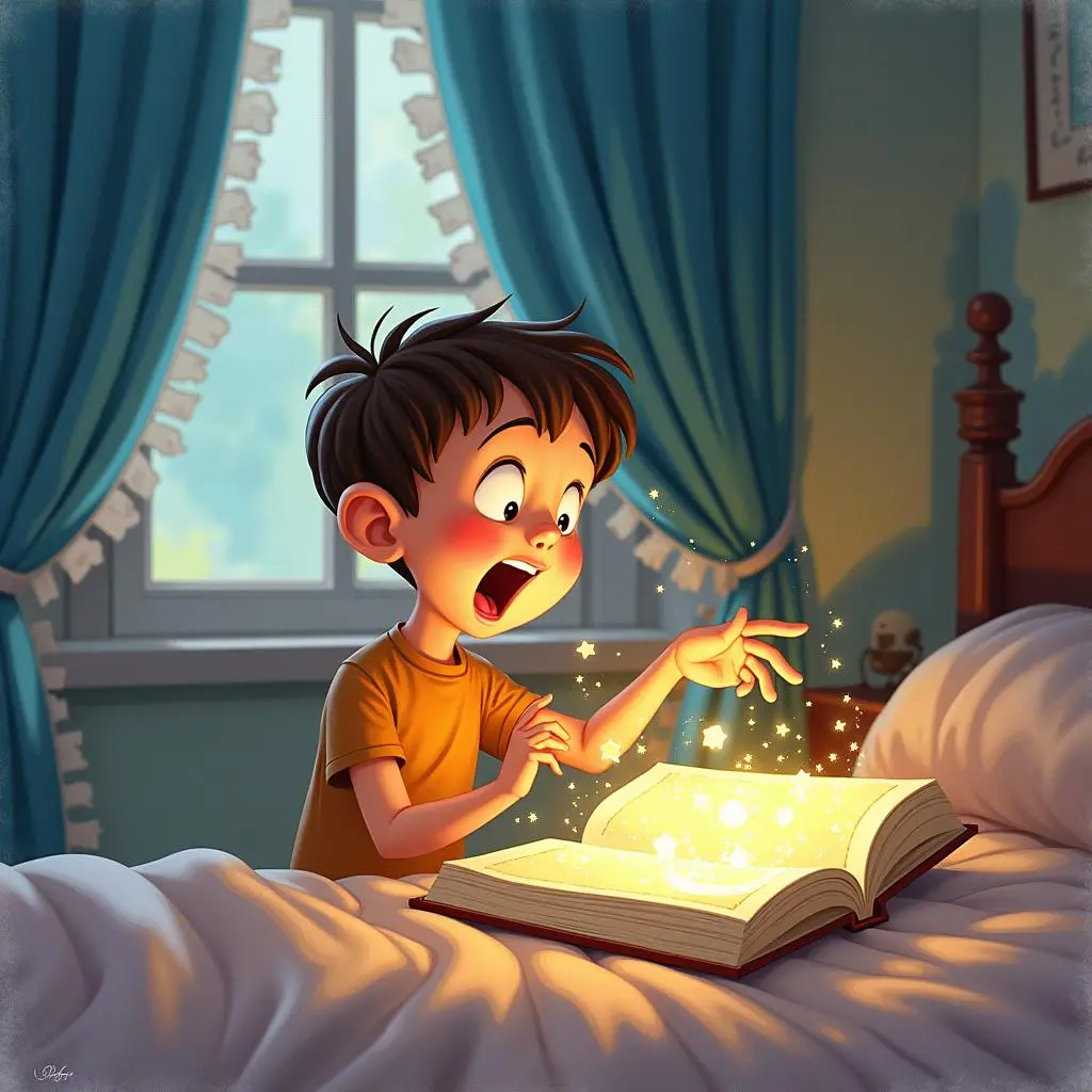 皮埃尔坐在房间里，手捧着魔法书