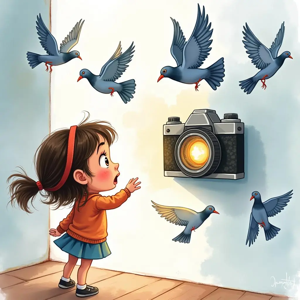 露西惊讶地看着相机里的照片