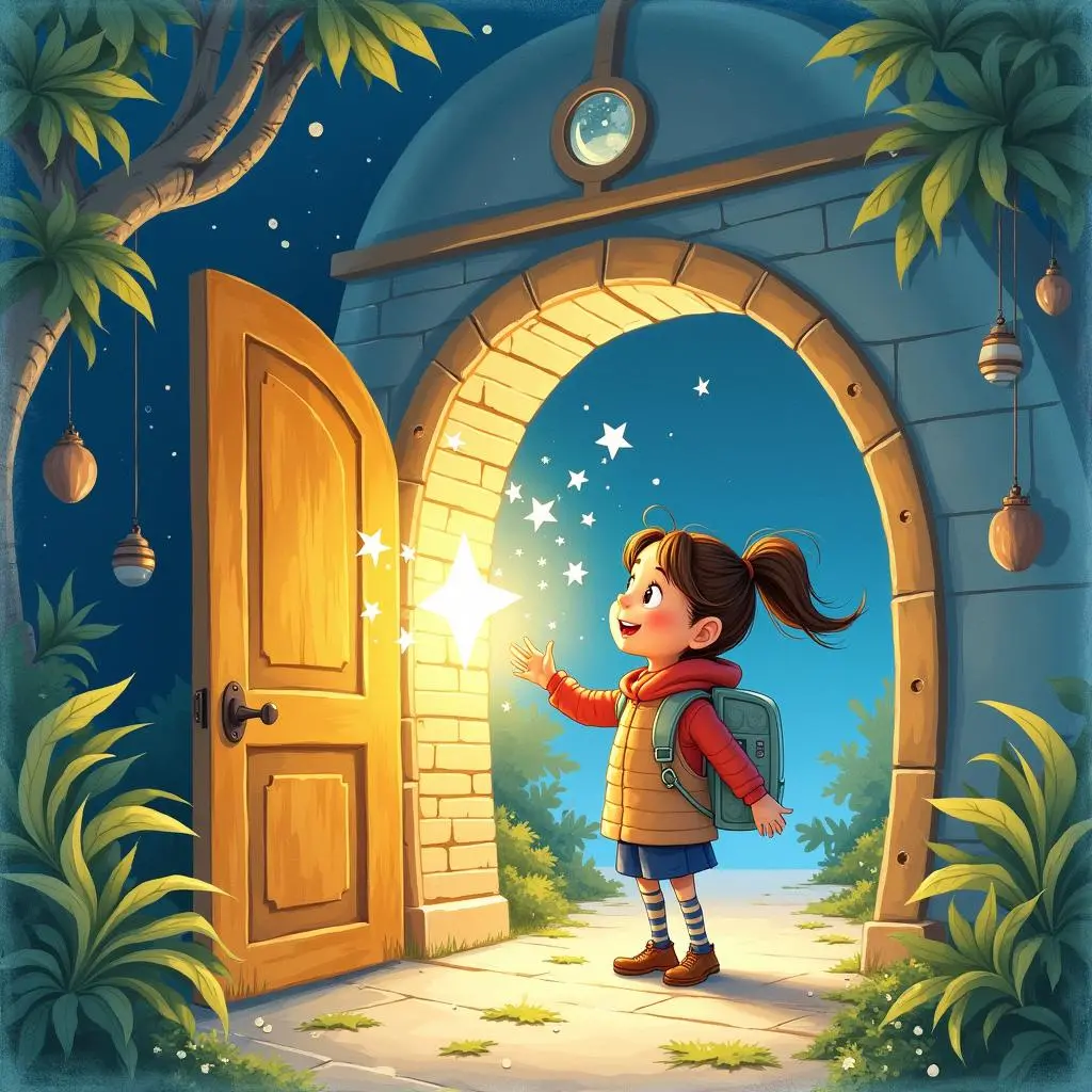 露西站在天文台的大门前，手摸着大门上的星星图案