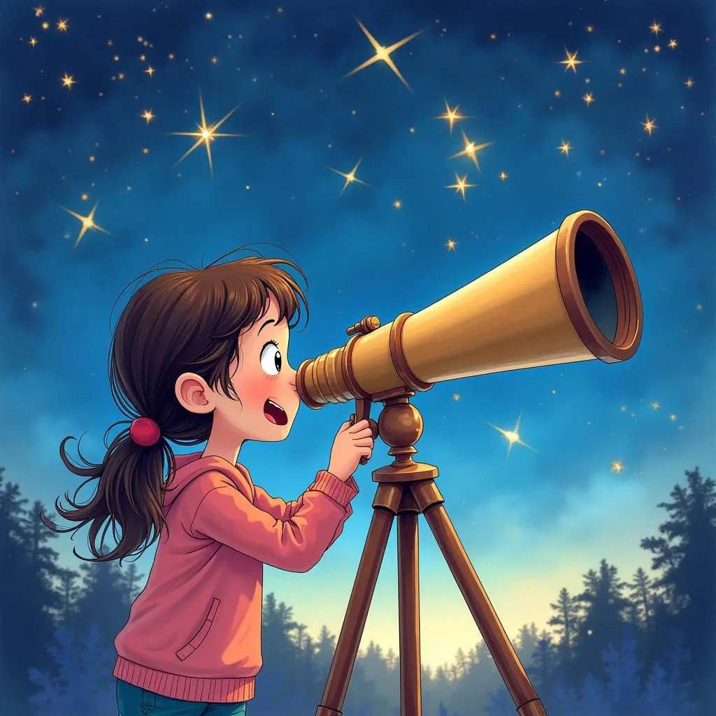 露西透过望远镜观看星空，脸上满是惊喜