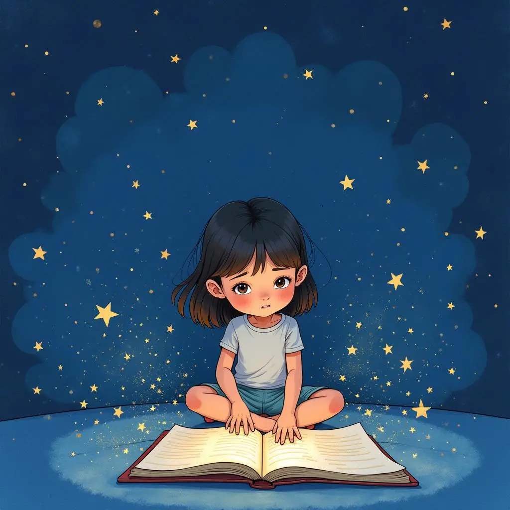 露西坐在天文台的地上，周围是星空的投影，她在笔记本上记录着看到的东西