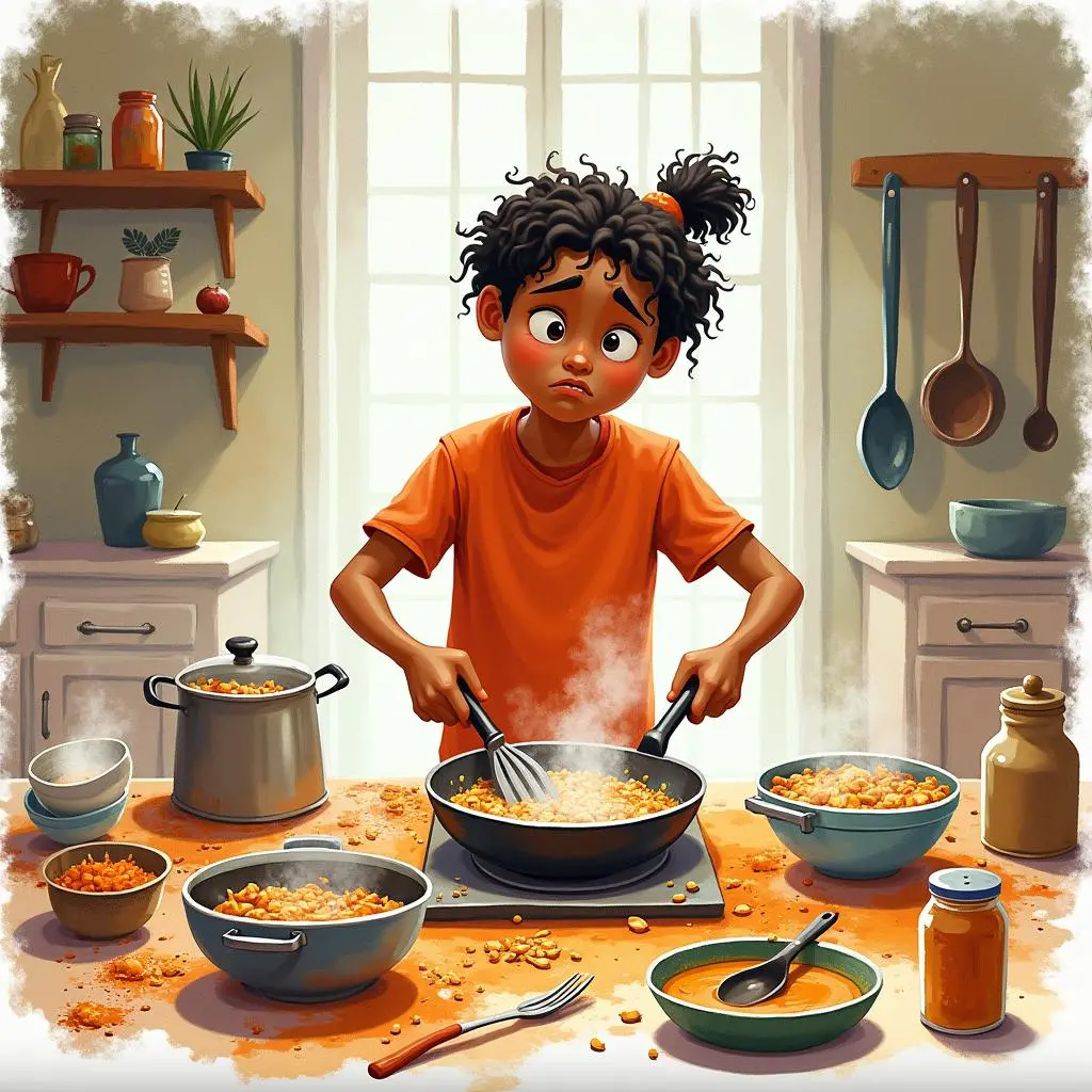 拉朱在杂乱的厨房发愁