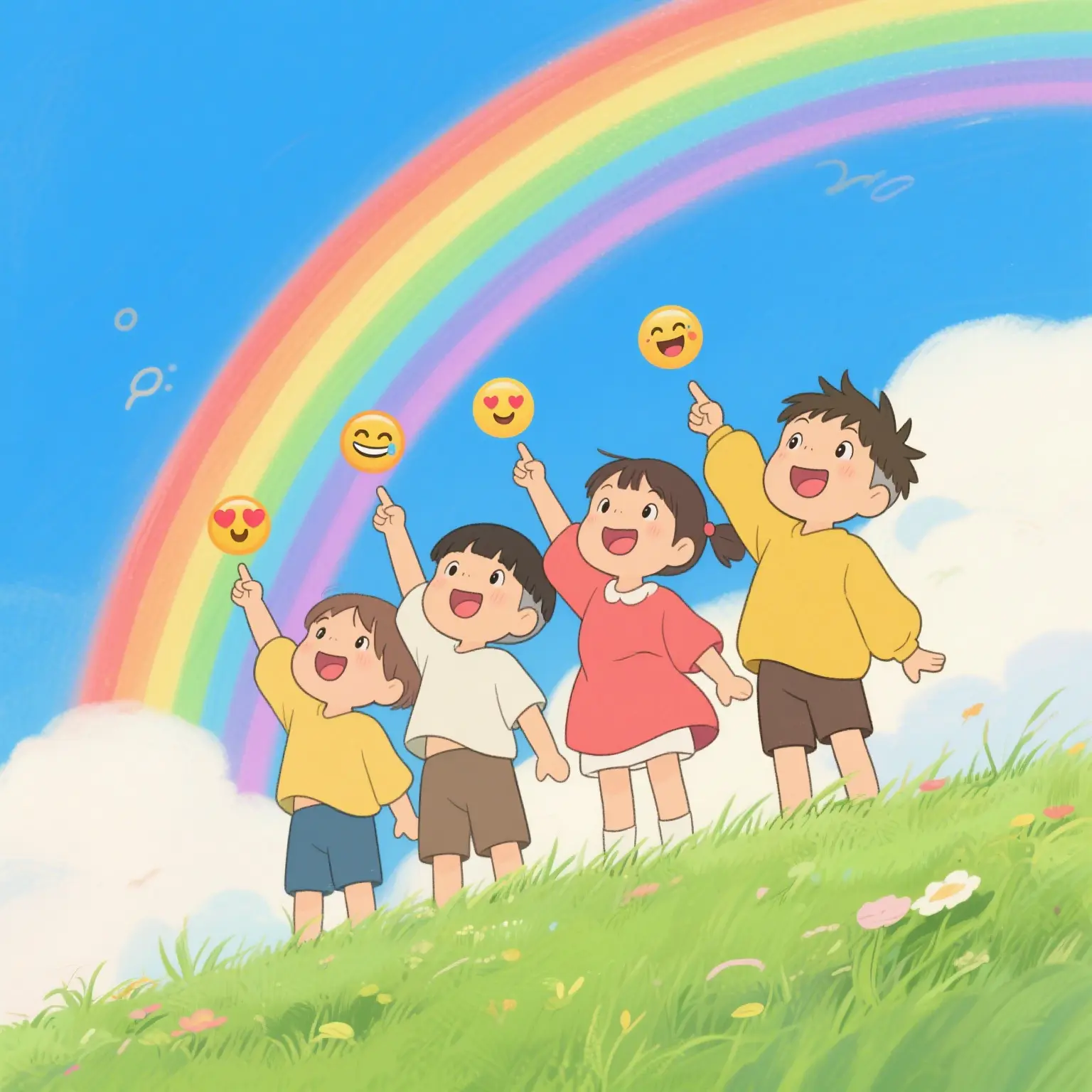 小朋友开心地看着彩虹