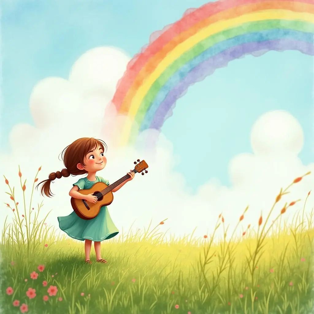 露西在彩虹下闭眼聆听