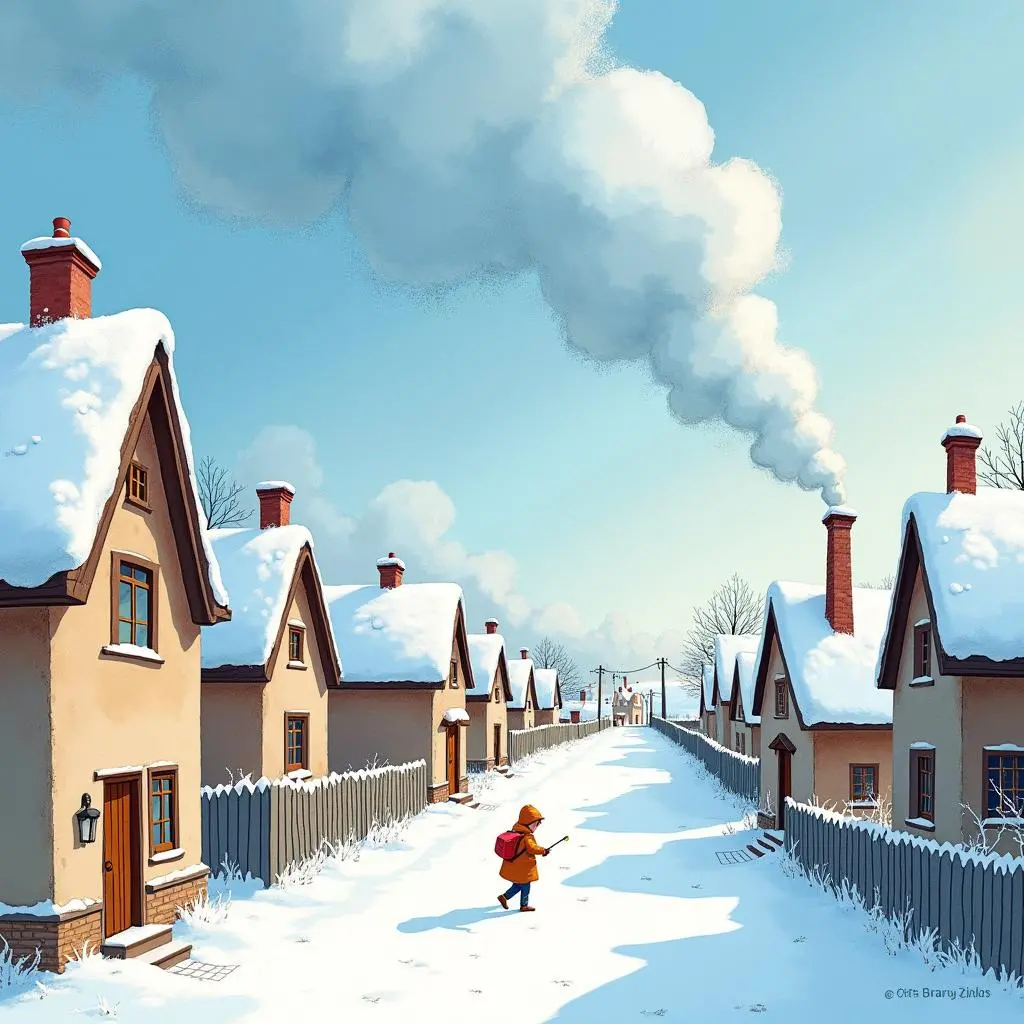 雪花落在村庄屋顶